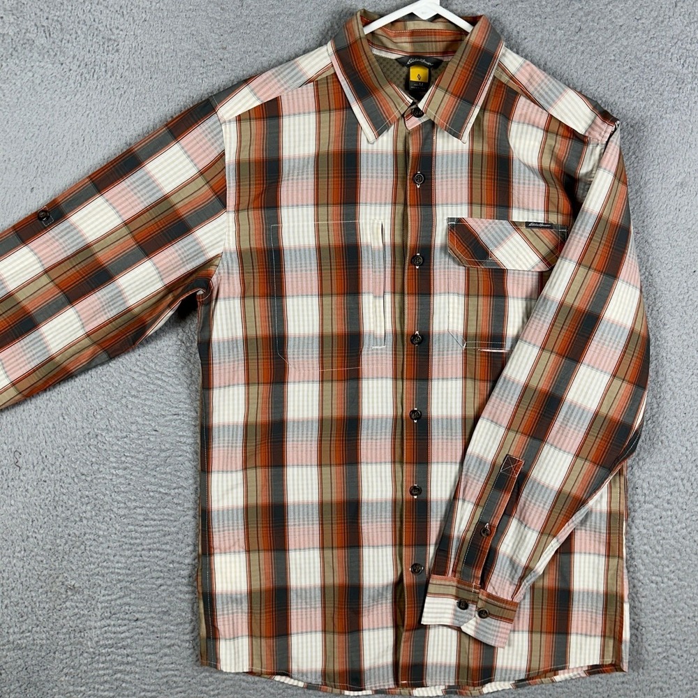 Eddie Bauer Travex Shirt Mens Medium Orange Brown Plaid Hiking Button Up Outdoor
